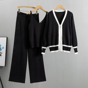 Knitted cardigan suspender wide-leg pants three-piece set