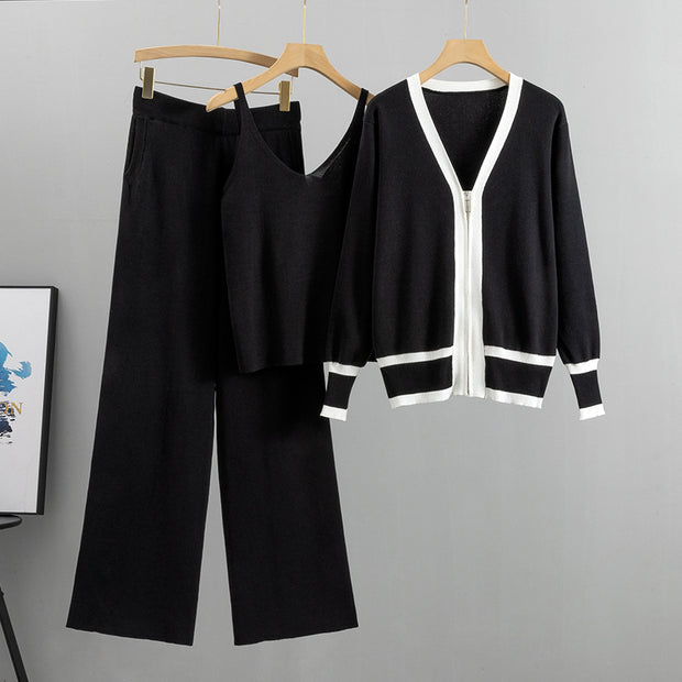 Knitted cardigan suspender wide-leg pants three-piece set