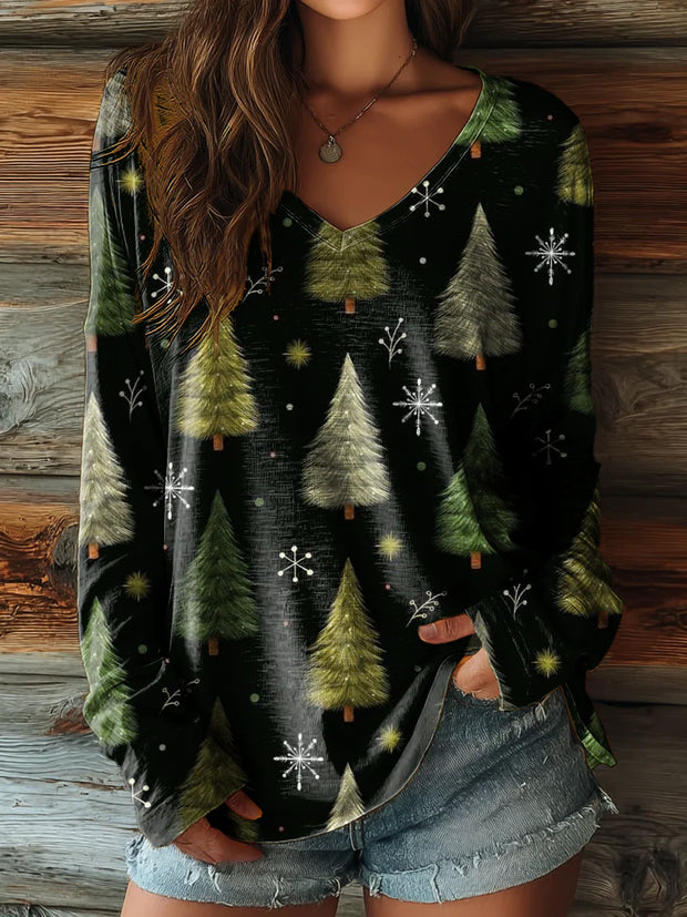 Women's Vintage Black Snowflake Christmas Tree Art Print V-neck Cotton T-shirt