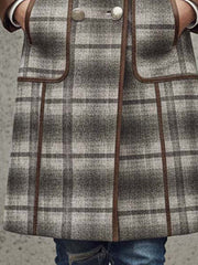 Plaid Print Faux Suede Coat With Leather Trim
