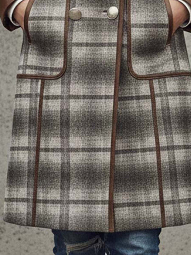 Plaid Print Faux Suede Coat With Leather Trim