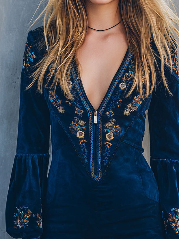 Boho V-Neck Midnight Blue Embroidered Velvet Zipper Mini Dress