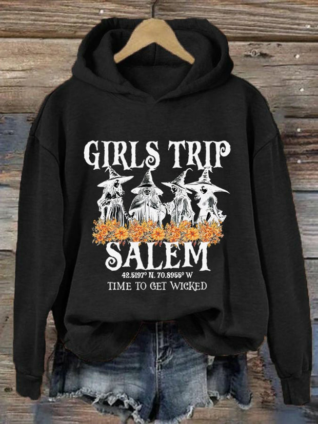 Women's Girl's Trip Salem Time To Get Wicked Halloween Print Hoodie