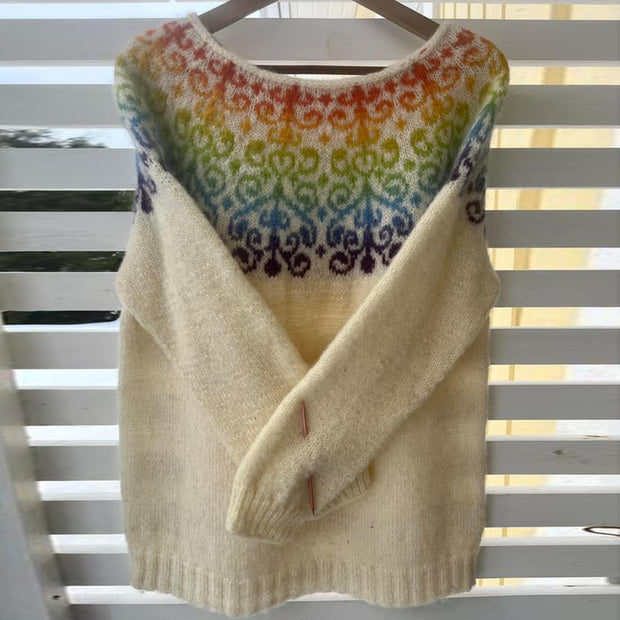 Unisex Vintage Icelandic Rainbow Knit Jacquard Warmth Crew Neck Sweater