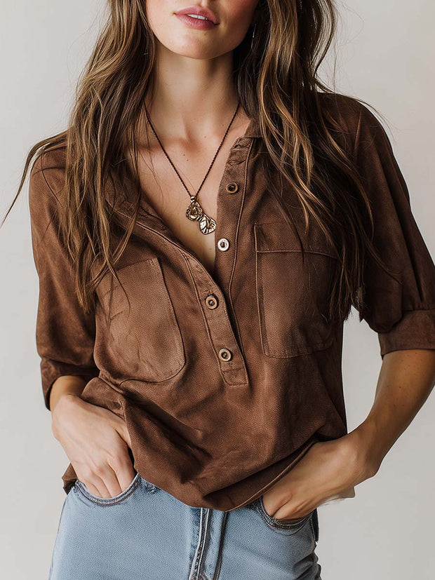 Maroon Micro-suede Pocket Henley Shirt