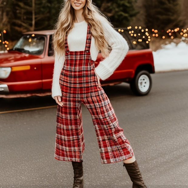 Women Christmas Party Outfit Plaid Print Jumpsuit