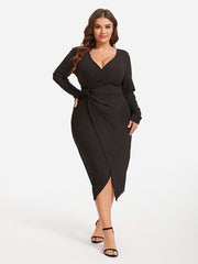 Solid Twist Front Wrap Hem Midi Dress