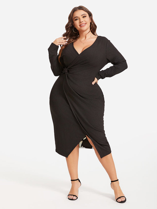 Solid Twist Front Wrap Hem Midi Dress