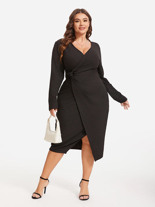 Solid Twist Front Wrap Hem Midi Dress