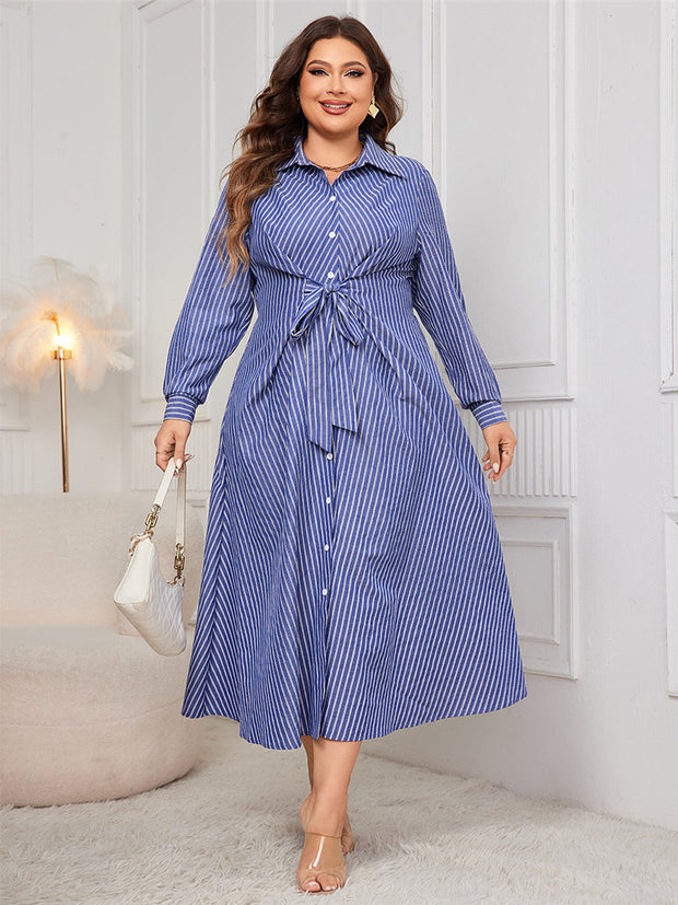 Striped Print Knot Front Detail Shirt Dress