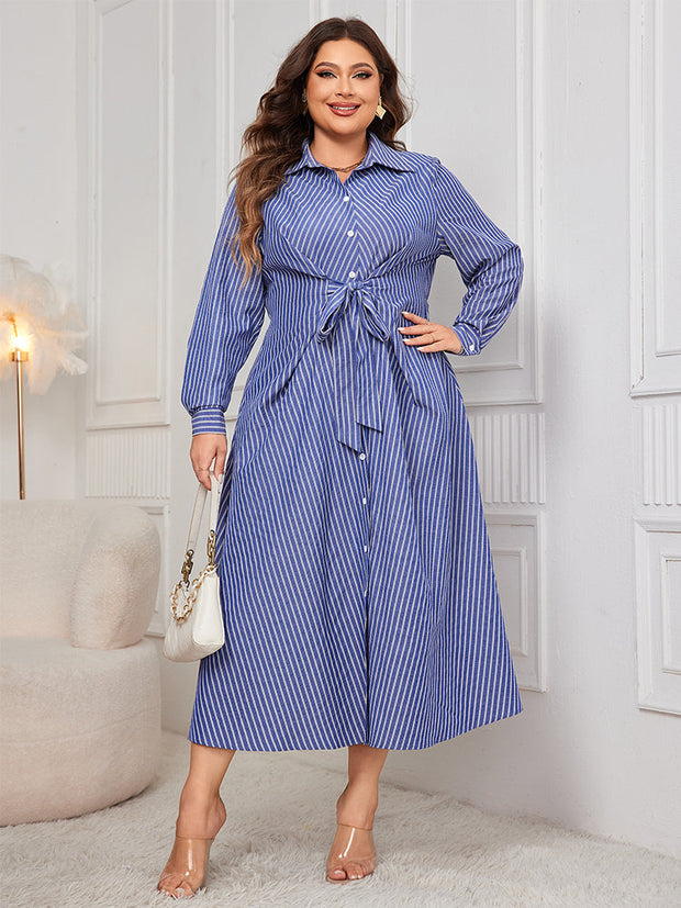 Striped Print Knot Front Detail Shirt Dress