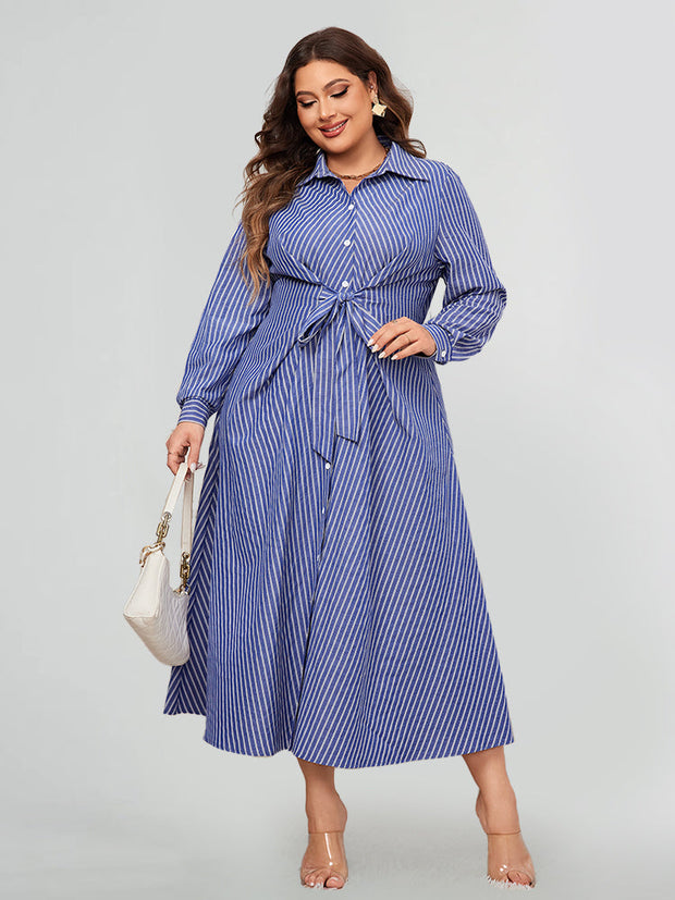 Striped Print Knot Front Detail Shirt Dress