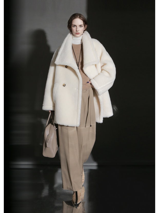 Luxury Teddy Wool Coat for Women – Double-Faced Wool Overcoat with Oversized Lapel, Warm Fuzzy Winter Jacket