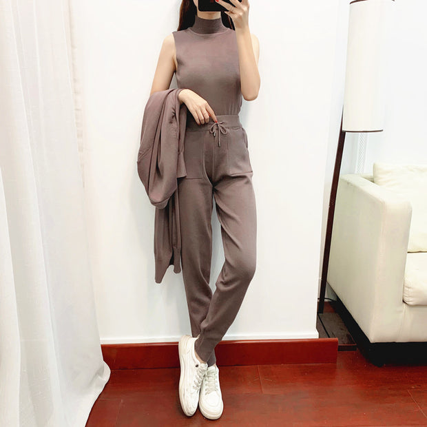 Casual knitted cardigan vest and pants three-piece set