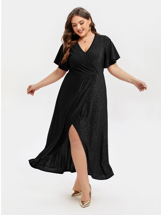 V-Neck Ruffle Sleeve Split Glitter Maxi Dress