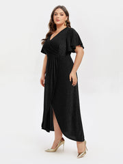 V-Neck Ruffle Sleeve Split Glitter Maxi Dress