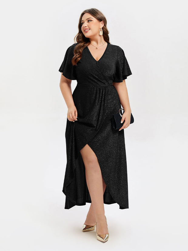 V-Neck Ruffle Sleeve Split Glitter Maxi Dress