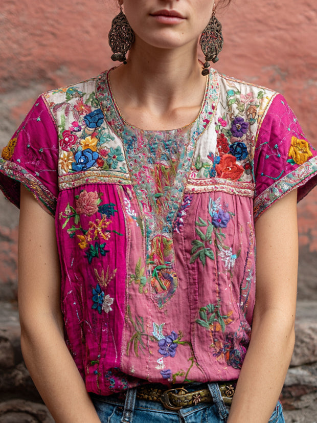 Women's Retro Ethnic Pink Awareness Flower Embroidery Printed T-shirt