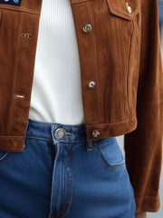 Rust Suede Cropped Jacket With Navy Floral Embroidered Yoke