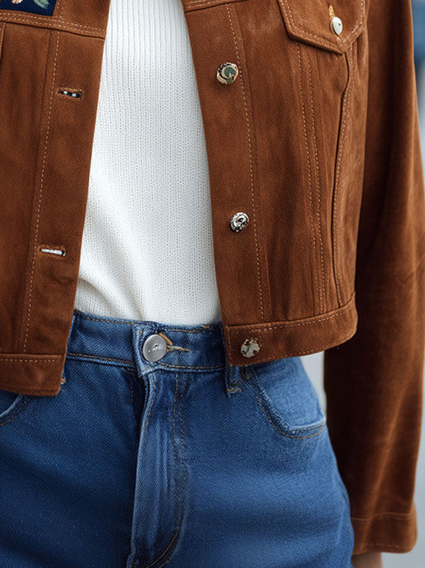 Rust Suede Cropped Jacket With Navy Floral Embroidered Yoke