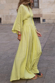 Yellow Casual Print V Neck Dresses