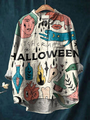 Cute Halloween Witch Pattern Art Printing Casual Cotton And Linen Shirt