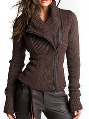 Brown Asymmetrical Zip Ribbed Knit Jacket