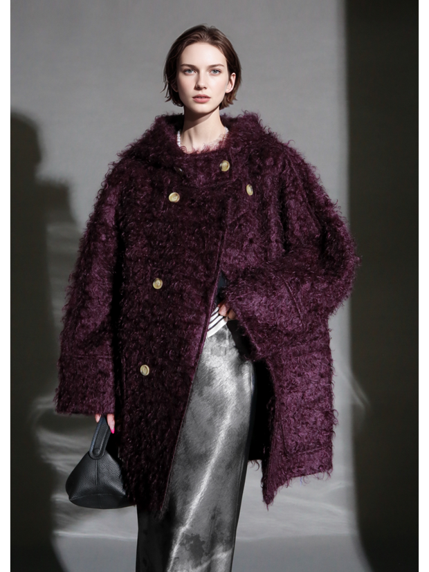 Cloud Plush Hooded Mohair Wool Coat for Women – Double-Faced Teddy Textured Wool Overcoat, Soft and Warm Winter Outerwear