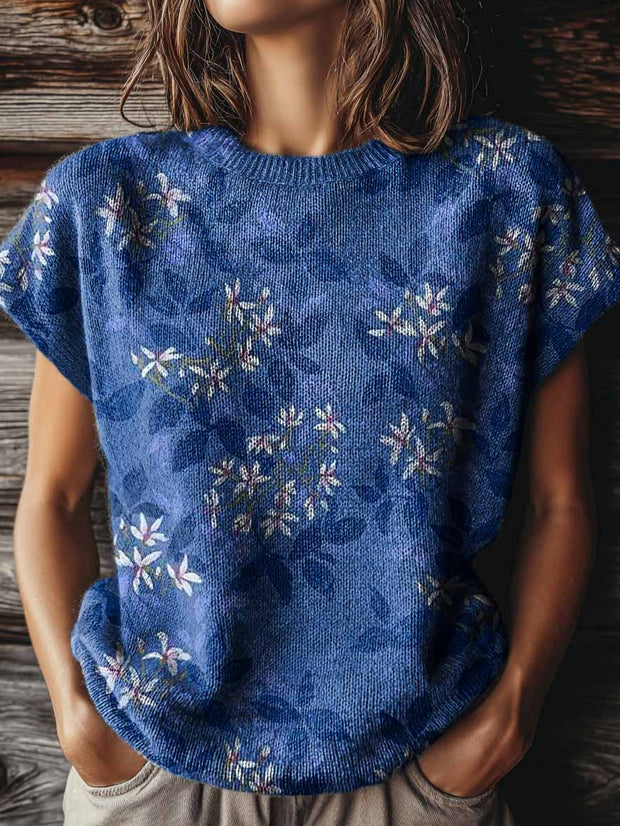 Women's Retro Flowers Print Casual Crew Neck Short Sleeve Knitted Sweater