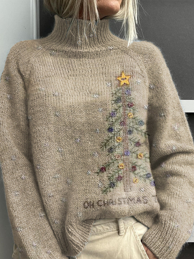 Retro Christmas Tree Print Knit Turtleneck Pullover Sweater