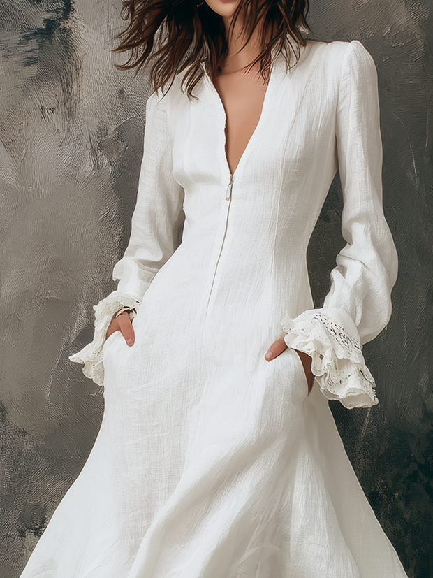 Retro Zipper Collar Ruffle Cuffs Midi Dress