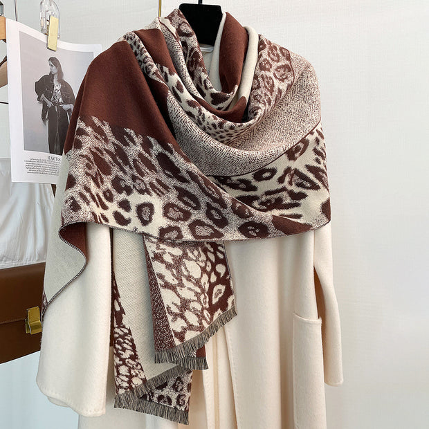 Colorblock Leopard Print Thick Warm Temperament Shawl Scarf
