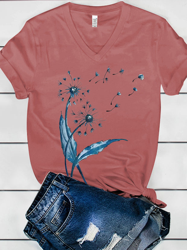 Dandelion Print Women's V-neck T-shirt