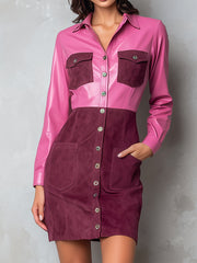 Pink And Burgundy Colorblock Eco Leather & Suede Shirt Dress