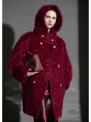 Cloud Plush Hooded Mohair Wool Coat for Women – Double-Faced Teddy Textured Wool Overcoat, Soft and Warm Winter Outerwear