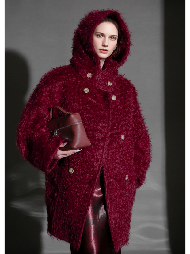 Cloud Plush Hooded Mohair Wool Coat for Women – Double-Faced Teddy Textured Wool Overcoat, Soft and Warm Winter Outerwear