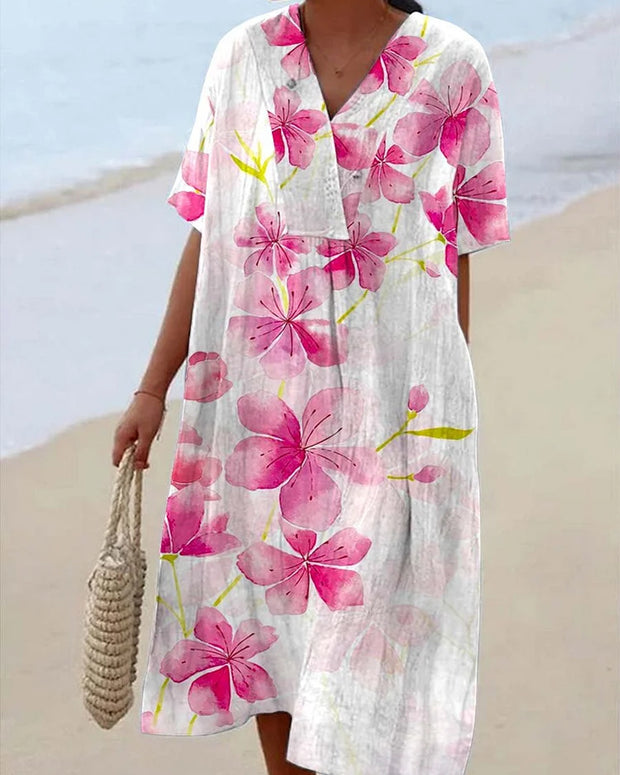 Women's Resort Style Floral Print Pattern V-Neck Dress with Pockets