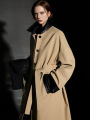 Barn-Style Chic Lambskin Leather Collar Trench Coat for Women – Gender-Neutral Long Autumn Overcoat with Unique Design
