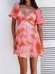 Puff sleeve printing dress