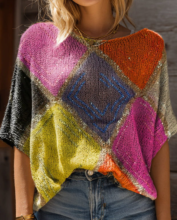 Women's Bohemian Colorful Rhombus Art Print Casual Short Sleeves Pullover Sweater