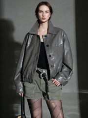 Motorcycle Style Leather Jacket for Women – Bold Lambskin Leather with Notched Collar, Chic and Gender-Neutral Outerwear