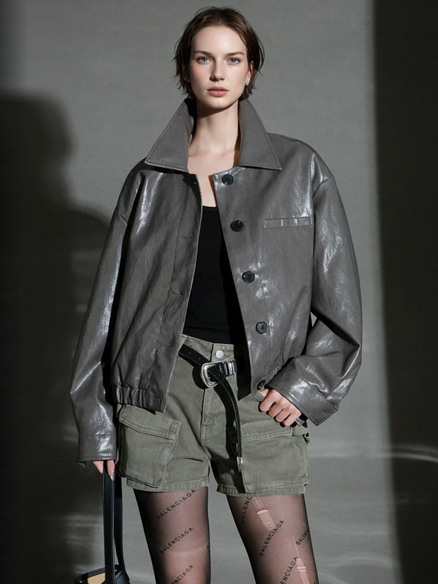 Motorcycle Style Leather Jacket for Women – Bold Lambskin Leather with Notched Collar, Chic and Gender-Neutral Outerwear