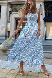 Blue-French Sleeveless Floral Suspender Skirt