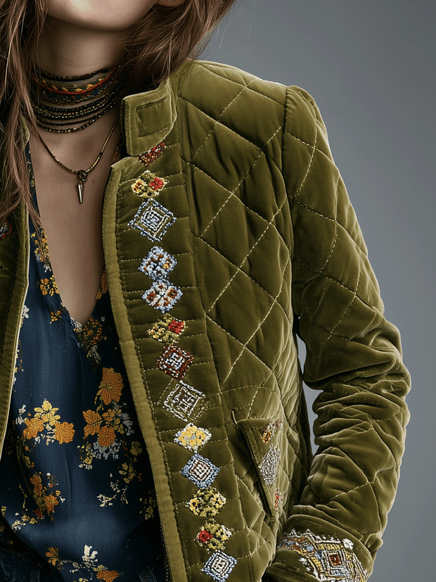 Heritage Olive Green Embroidered Velvet Quilted Jacket