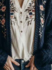 Navy Blue Chunky Knit Cardigan With Floral Embroidery
