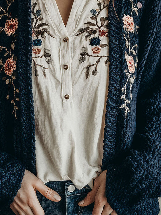 Navy Blue Chunky Knit Cardigan With Floral Embroidery