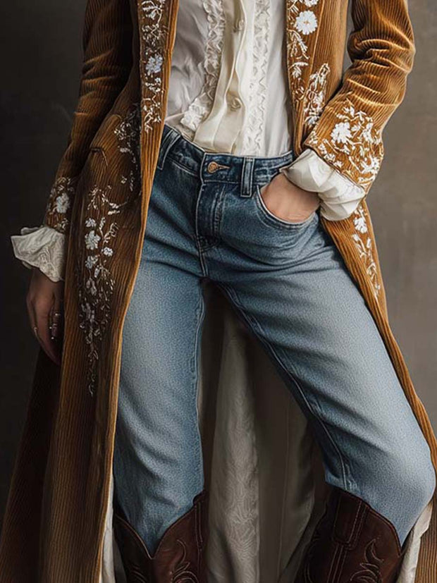 Golden Caramel Embroidered Corduroy Long Coat