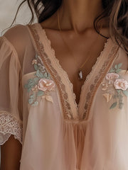 Boho Delicate Floral Embroidered Chiffon Blouse