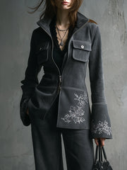 Vintage Suede Embroidered Flap Pocket Bell Sleeve Jacket