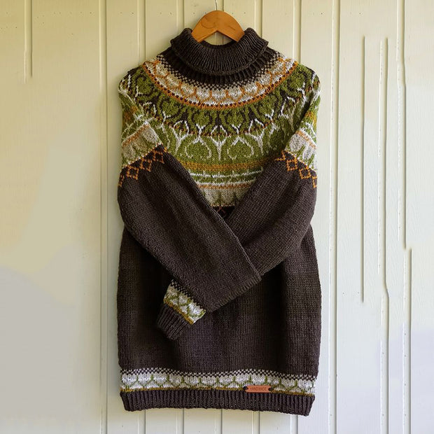 Unisex Vintage Green Icelandic Knit Jacquard Warmth High Neck Sweater